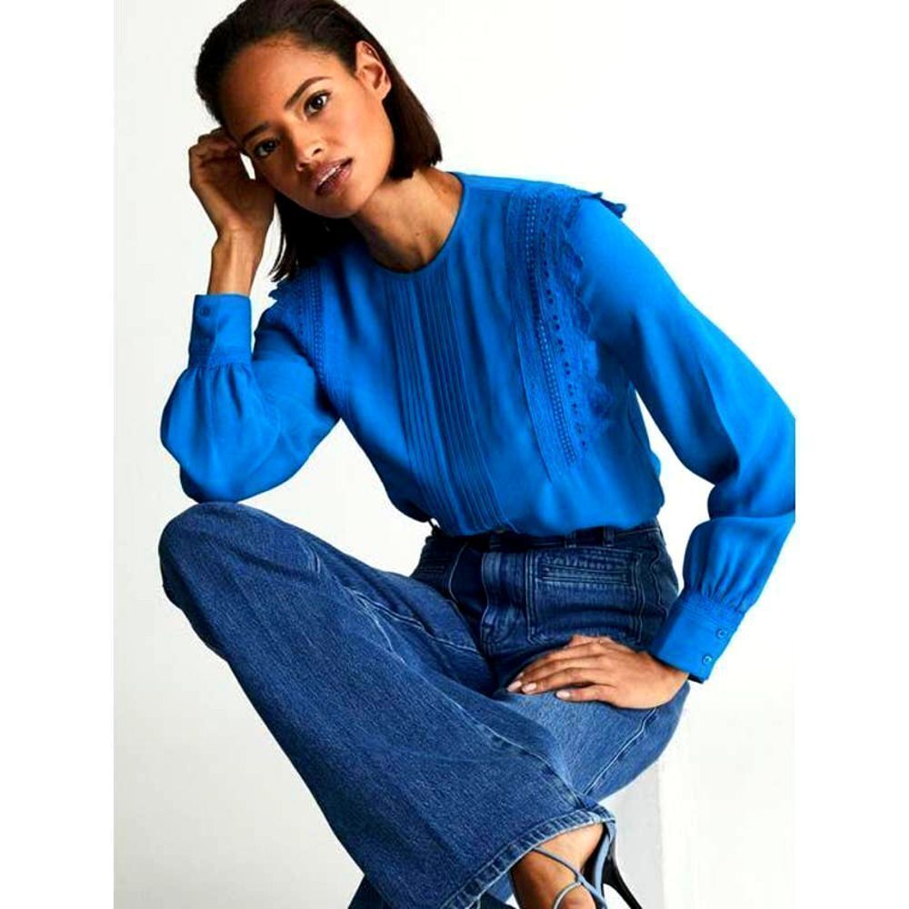 Reiss Bexley‎ Pleated Embroidered ruffle Crepe Blouse top Size 0 blue cerulian - Picture 3 of 12